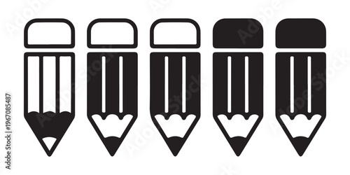 Set of five simplified pencil icons with varying eraser sizes and graphite points.