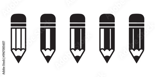 Set of five different pencil icons with flat minimalist black and white design for drawing or school projects.