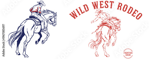 Retro style cowboy country horse. Wild west rodeo vintage design. Frontier show artwork for t shirt. Western graphic print. Rodeo rider artwork.