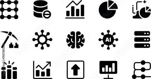 Set of modern technology and data analytics icons isolated on transparent background