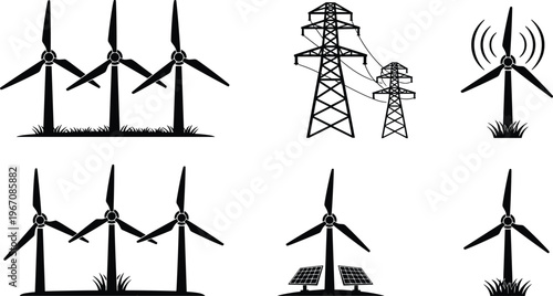 Black silhouette icons of wind turbines solar panels and electric power lines representing sustainable renewable energy infrastructure for clean environmental power generation concepts