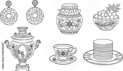 Vintage Kitchenware and Treats Set Featuring Donuts, Samovar, Jar, Cup, and Plates for Culinary, Tea Time, and Dessert Illustration