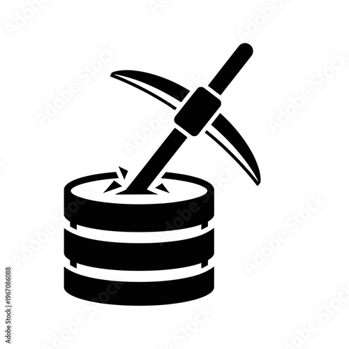A black and white icon depicting a pickaxe digging into a stack of database disks, symbolizing data mining or extraction.