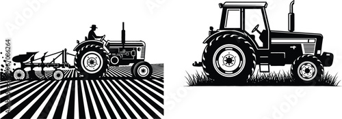 Agricultural tractor vector illustration with farmer plowing field and vintage farm tractor silhouette isolated farming machinery design