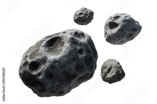 Four gray asteroids with craters on white background meteorites space rocks