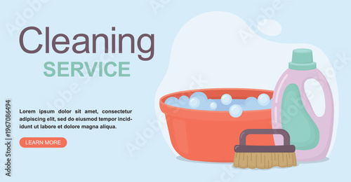 Cleaning service banner design. Horizontal banner with plastic basin filled of foam, cleaning brush, detergent bottle and soap bubbles
