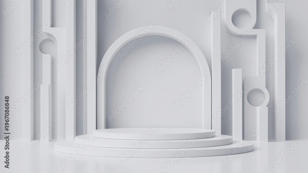 Fototapeta premium Minimalist white product display podium with an arch background, 3d render