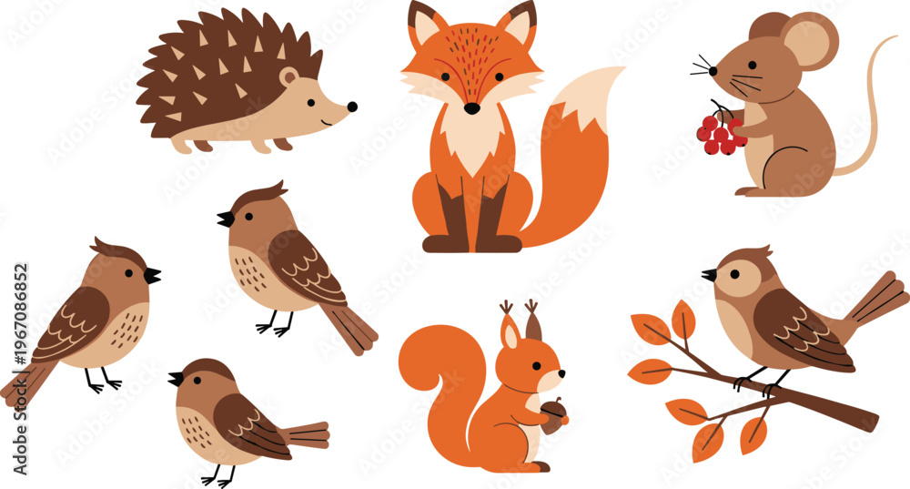 Fototapeta premium Cute collection of isolated vector illustrations of autumn woodland animals featuring hedgehog fox mouse and charming small birds with berries and nuts for cozy fall designs