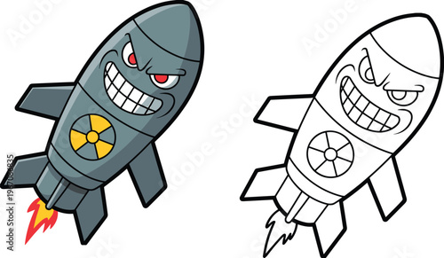 Angry rocket cartoon, radiation symbol, missile design, anthropomorphic face, gritted teeth, red eyes, flame propulsion, outline version, vector illustration