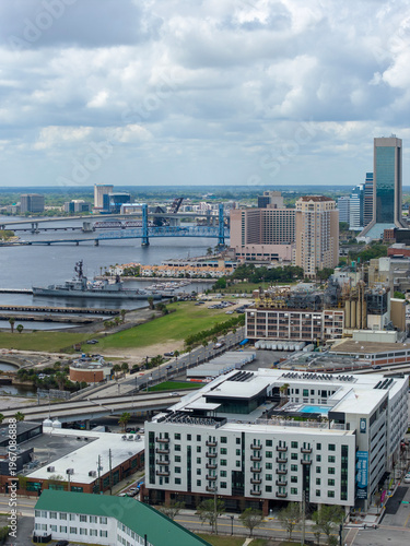 aerial shot of skyscrapers and office buildings along the St. John’s River in Jacksonville Florida USA