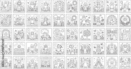 Cute Kids and Nature Doodle Collection – Hand-Drawn Seasonal Scenes, Animals, Activities and Coloring Illustration Set