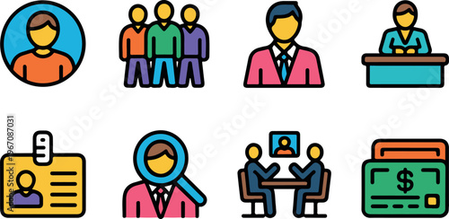 Colorful icons representing various professional and business interaction concepts