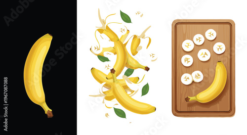 Banana Fruit Vector Illustration Set Featuring Whole Banana Peeled Banana and Sliced Banana on Wooden Board Isolated Tropical Food Collection