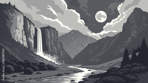 Wide-Angle Moonlit Mountain Vector Illustration with Towering Peaks and Cascading Waterfall, Cinematic Night Landscape with Volumetric Lighting, Dramatic Clouds and River Reflection