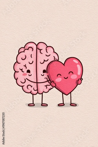 Cute cartoon brain and heart characters hugging each other, symbolizing balance between emotions and intellect with happy faces on light background.