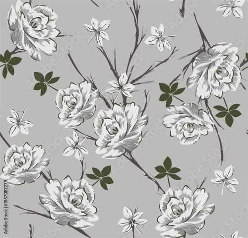 Big flowers pattern, upscale floral pattern. graphical textures floral, trendy colors pattern , flowers background with leaves. vector illustration.