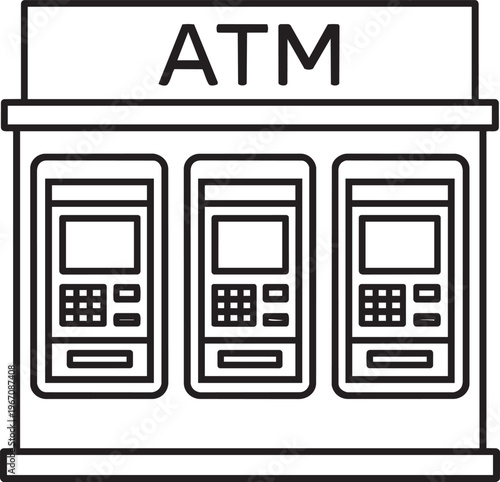 Bank branch building exterior facade with three built in automated teller machines linear icon vector illustration