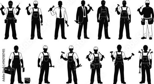 Construction worker and handyman silhouettes set with tools builder technician poses vector illustration industrial labor characters black isolated design