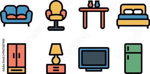 Colorful flat icons of common home furniture and appliances set