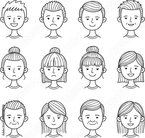 Minimalist User Avatar Icons Set with Diverse Faces and Expressions