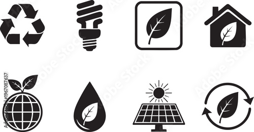 Set of 8 Black and White Ecology and Sustainability Vector Icons