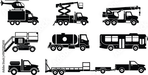 Utility truck silhouettes set, construction service vehicles, crane tanker bus pickup illustration, industrial transport equipment, logistics fleet, black white vector design