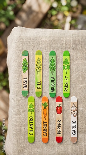 Colorful Hand-Painted Wooden Garden Markers for Herbs and Vegetables on Linen Background