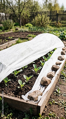 Vegetable garden bed with young seedlings protected by white garden fleece in spring.