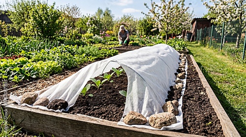 Vegetable garden bed with young seedlings protected by white garden fleece in spring.