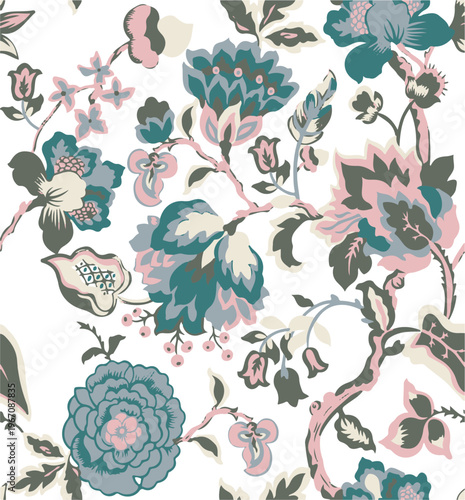 Big flowers pattern, upscale floral pattern. graphical textures floral, trendy colors pattern , flowers background with leaves. vector illustration.