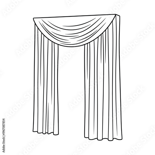 Line art illustration of elegant window curtains with a draped valance, perfect for interior design and home decor concepts.