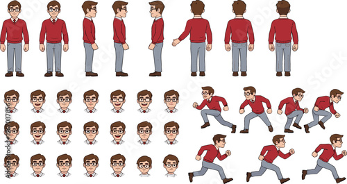 Boy character turnaround and animation poses set including running, jumping, and facial expressions in cartoon vector style for game design and motion projects