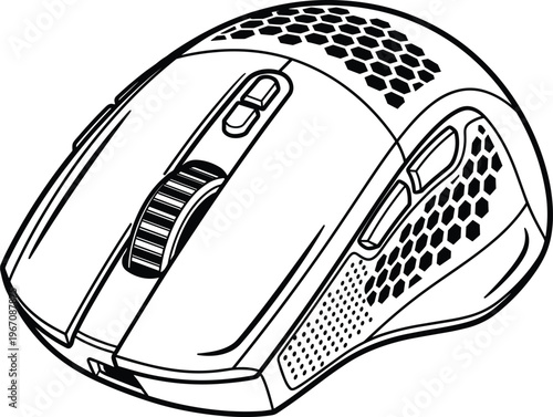 Wireless computer mouse illustration, gaming peripheral device, ergonomic design, optical sensor technology, modern PC accessory, digital equipment, black white vector graphic