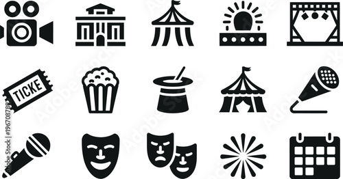 Collection of entertainment and theater icons with transparent background for graphic design