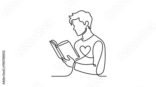 Book Boyfriend Silhouette With Heart, Romantic Reading Concept, Continuous Line Art