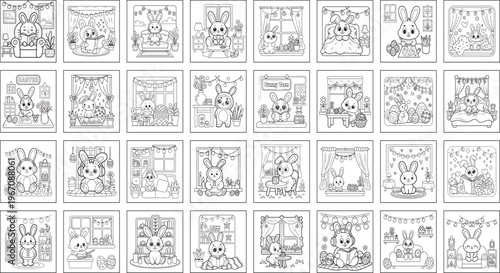 Adorable Bunny Coloring Pages Collection – Cute Kawaii Rabbit Scenes and Cozy Cartoon Line Art Set