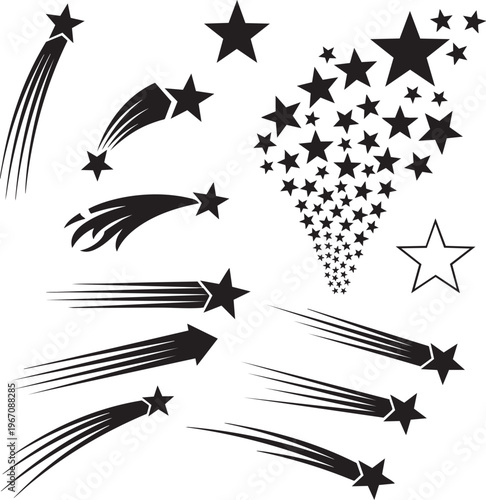 Shooting Stars and Comet Silhouette Vector Illustration Set