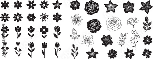 Vector Flower Icon Set - Black and White Floral Illustrations