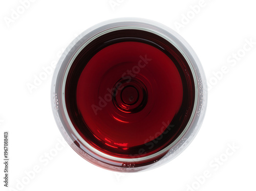 Vibrant red wine in a clear glass, viewed from directly above, showcasing a rich, deep crimson liquid surface, isolated PNG for beverage and celebration designs