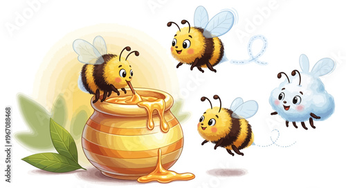 Cartoon bees collecting honey from pot.