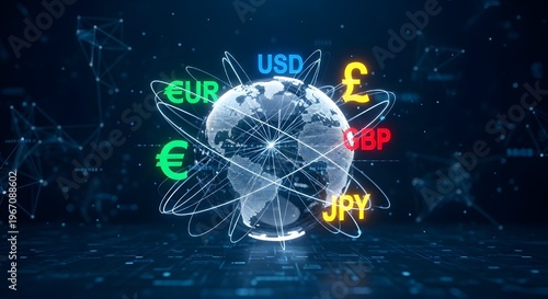Global currency exchange concept with a digital earth hologram surrounded by international currency symbols like USD EUR GBP JPY.