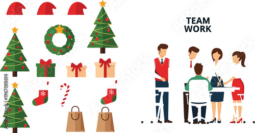 Christmas holiday vector illustration set with decorated trees, wreath, gifts, stockings, Santa hats, shopping bags, and teamwork business people
