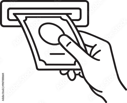 Human hand taking printed paper receipt bill check from atm slot linear icon stroke vector illustration