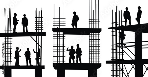 Construction workers silhouettes on building site with steel reinforcement structure isolated on white background, engineering and industrial work illustration set
