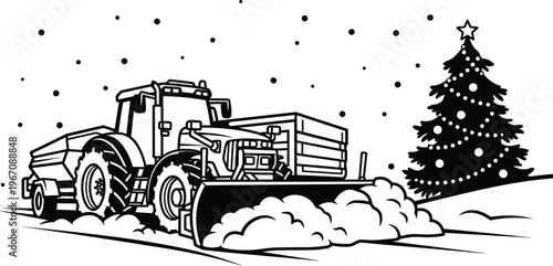 Snow plow tractor illustration, winter farm vehicle clearing snow, Christmas tree scene, holiday rural landscape, seasonal work, black white festive graphic
