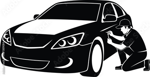 Car repair illustration, mechanic working on vehicle, automotive maintenance concept, auto service technician, fixing transport, garage work, black white silhouette design