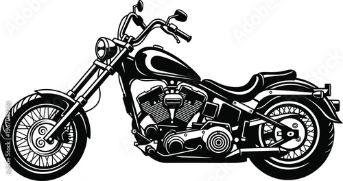 Motorcycle chopper illustration, classic cruiser bike design, vintage motorbike silhouette, custom engine vehicle, retro transport style, black white graphic, detailed mechanical artwork