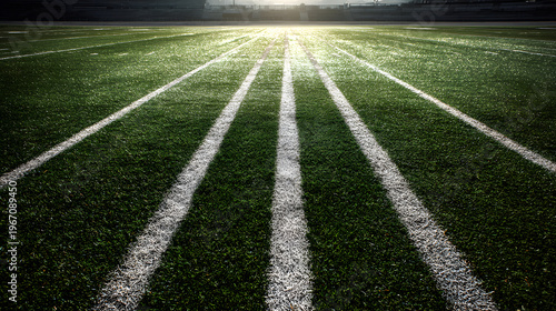 Football field with freshly painted lines glistens under sunlight, creating vibrant and inviting atmosphere. lush green grass and crisp white lines are ready for upcoming game