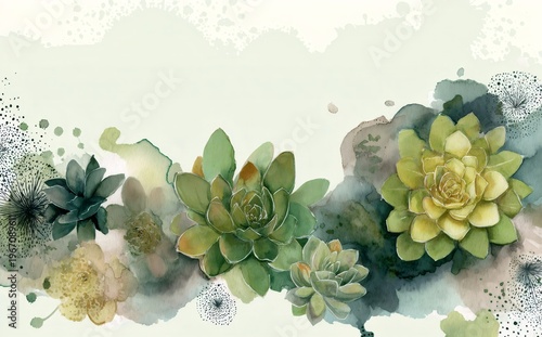 Watercolor illustration of green succulent plants. Hand painted botanical art with artistic ink splashes on white background. Nature inspired floral pattern decor for card design.