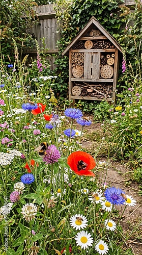 Colorful wildflower garden with a wooden insect hotel.